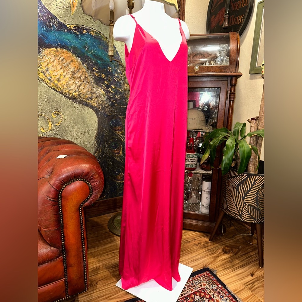 NWOT Opulessa Women HOT PINK Color Spaghetti Strap Simple Fitting Long Dress - Picture 6 of 17
